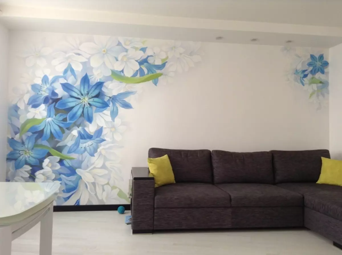 Ζωγραφική σαλόνι: επιλογή εξοπλισμού και θέματα σχεδίων για τοιχογραφία στην αίθουσα 9622_17