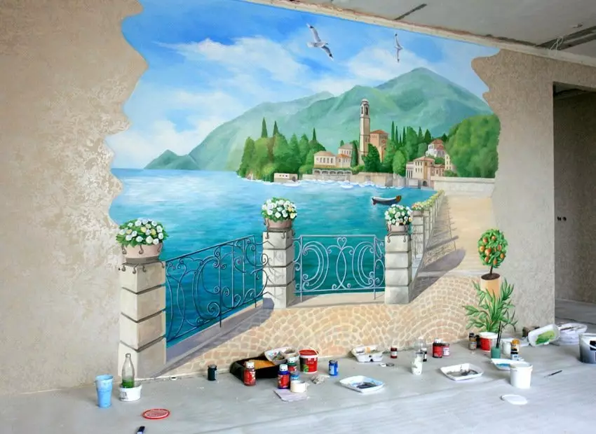 Ζωγραφική σαλόνι: επιλογή εξοπλισμού και θέματα σχεδίων για τοιχογραφία στην αίθουσα 9622_24