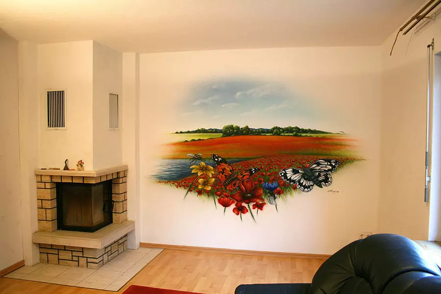 Oturma odası boyama: Salonda duvar boyama için ekipman ve çizimlerin seçimi 9622_26