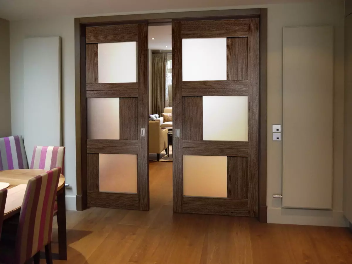Stumdomos durys gyvenamojoje patalpoje (35 nuotraukos): pasirinkite vidinę durys kupė salėje ir dideli pločio vieno durų durų po interjere 9624_13