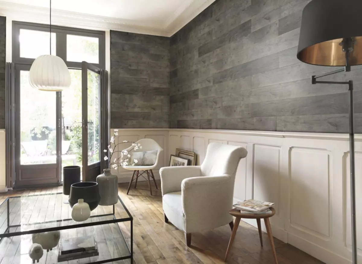 LAMINATE trên tường trong phòng khách (50 ảnh): Tính năng thiết kế nội thất, tùy chọn hoàn thiện tường với laminate trong hội trường 9627_13