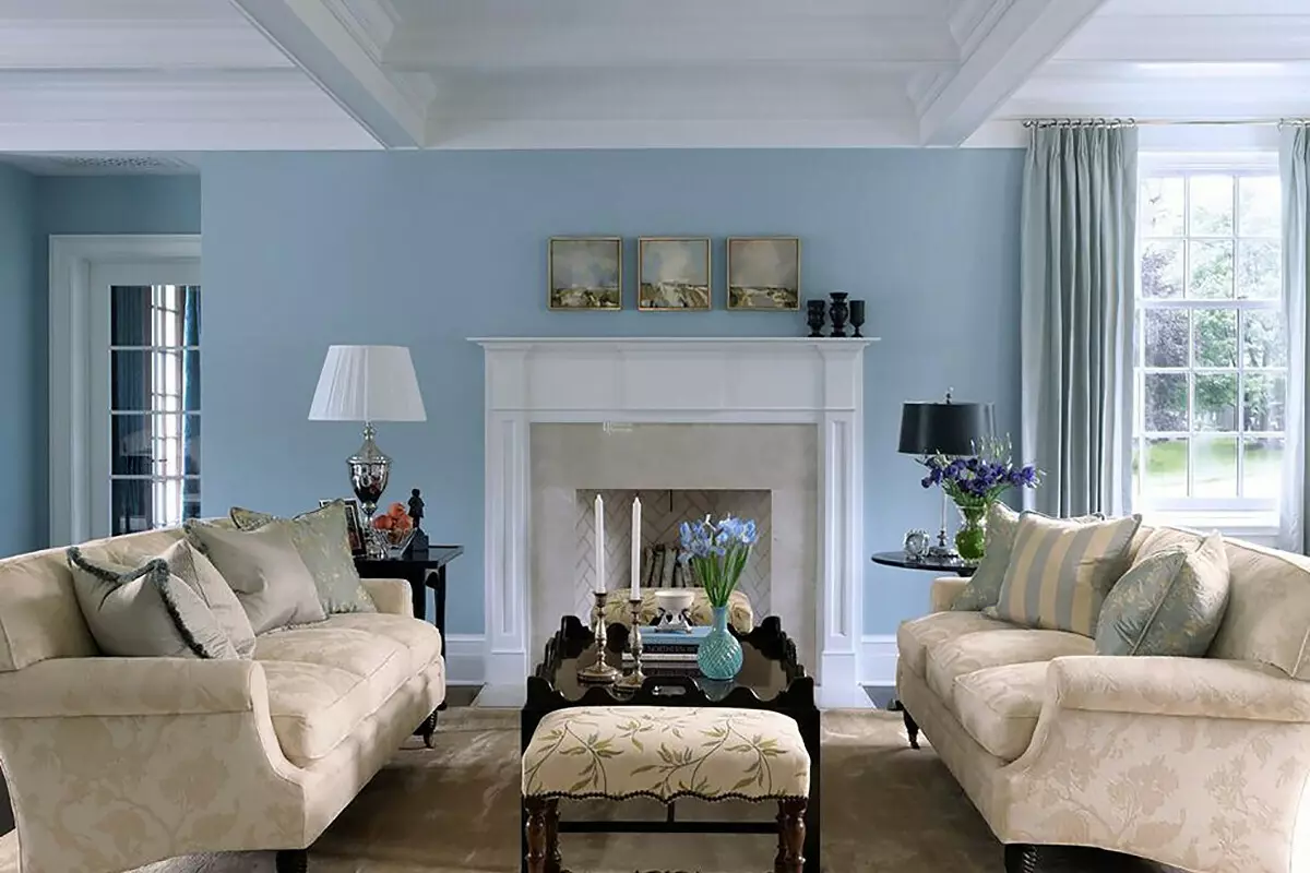 Ngjyra e mureve në dhomën e ndenjes (64 foto): Cila ngjyrë bojë muret në sallë me një kat të lehtë? Idetë moderne të dizajnit të murit. Si të zgjidhni opsionin më të mirë për të brendshmen? 9629_14