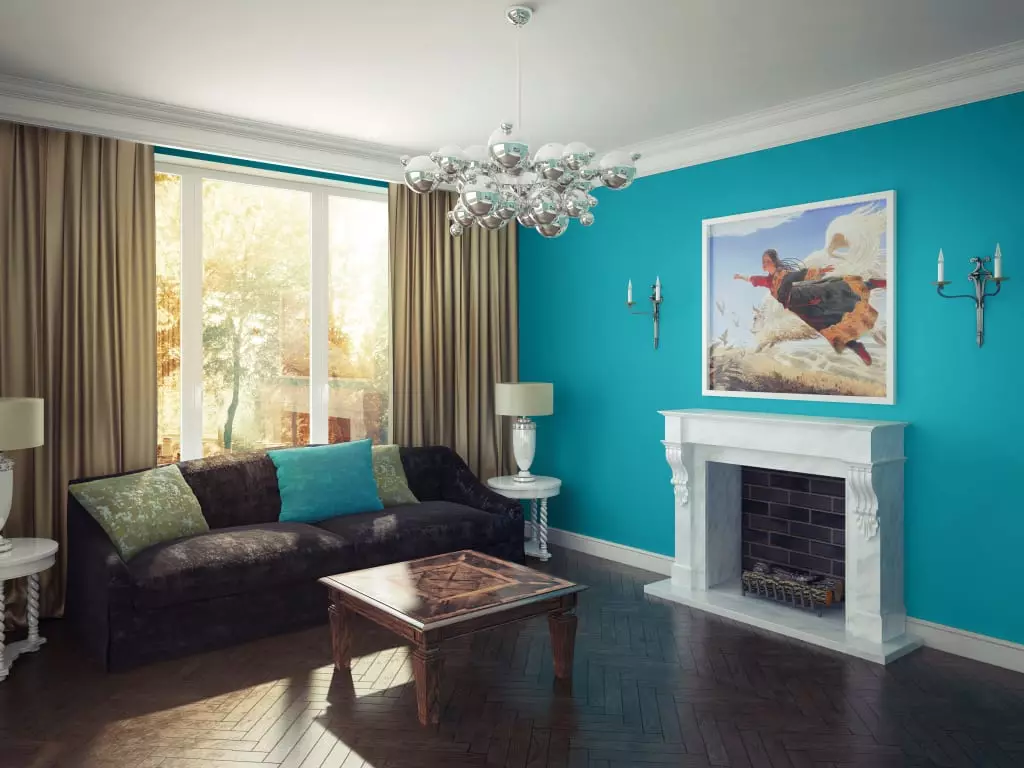 Warna dinding di ruang tamu (64 gambar): warna yang melukis dinding di dalam dewan dengan lantai cahaya? Idea moden reka bentuk dinding. Bagaimana untuk memilih pilihan terbaik untuk pedalaman? 9629_47
