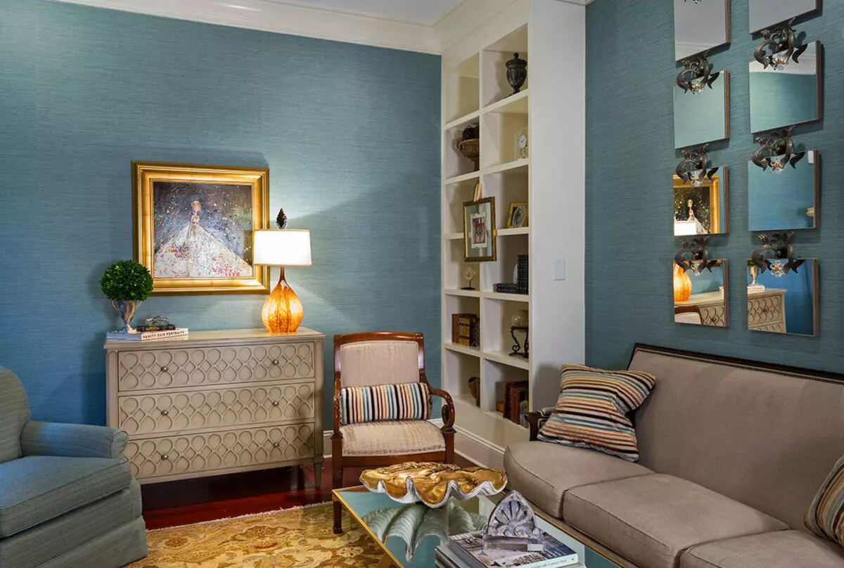 Ngjyra e mureve në dhomën e ndenjes (64 foto): Cila ngjyrë bojë muret në sallë me një kat të lehtë? Idetë moderne të dizajnit të murit. Si të zgjidhni opsionin më të mirë për të brendshmen? 9629_50