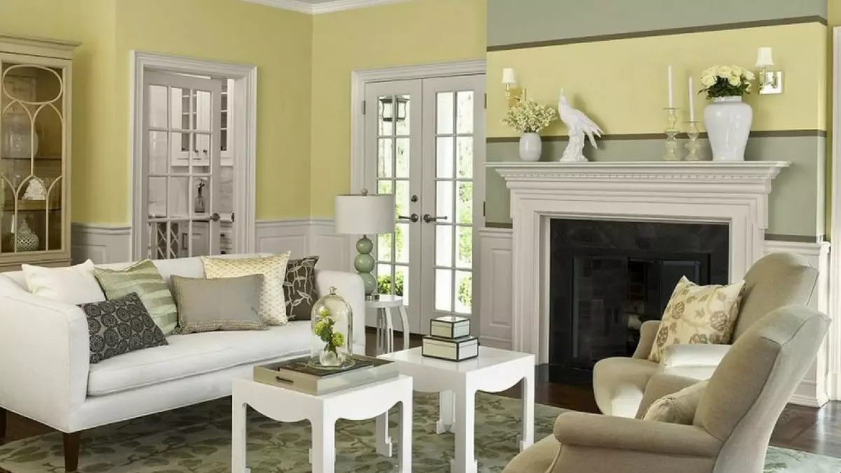 Ngjyra e mureve në dhomën e ndenjes (64 foto): Cila ngjyrë bojë muret në sallë me një kat të lehtë? Idetë moderne të dizajnit të murit. Si të zgjidhni opsionin më të mirë për të brendshmen? 9629_52
