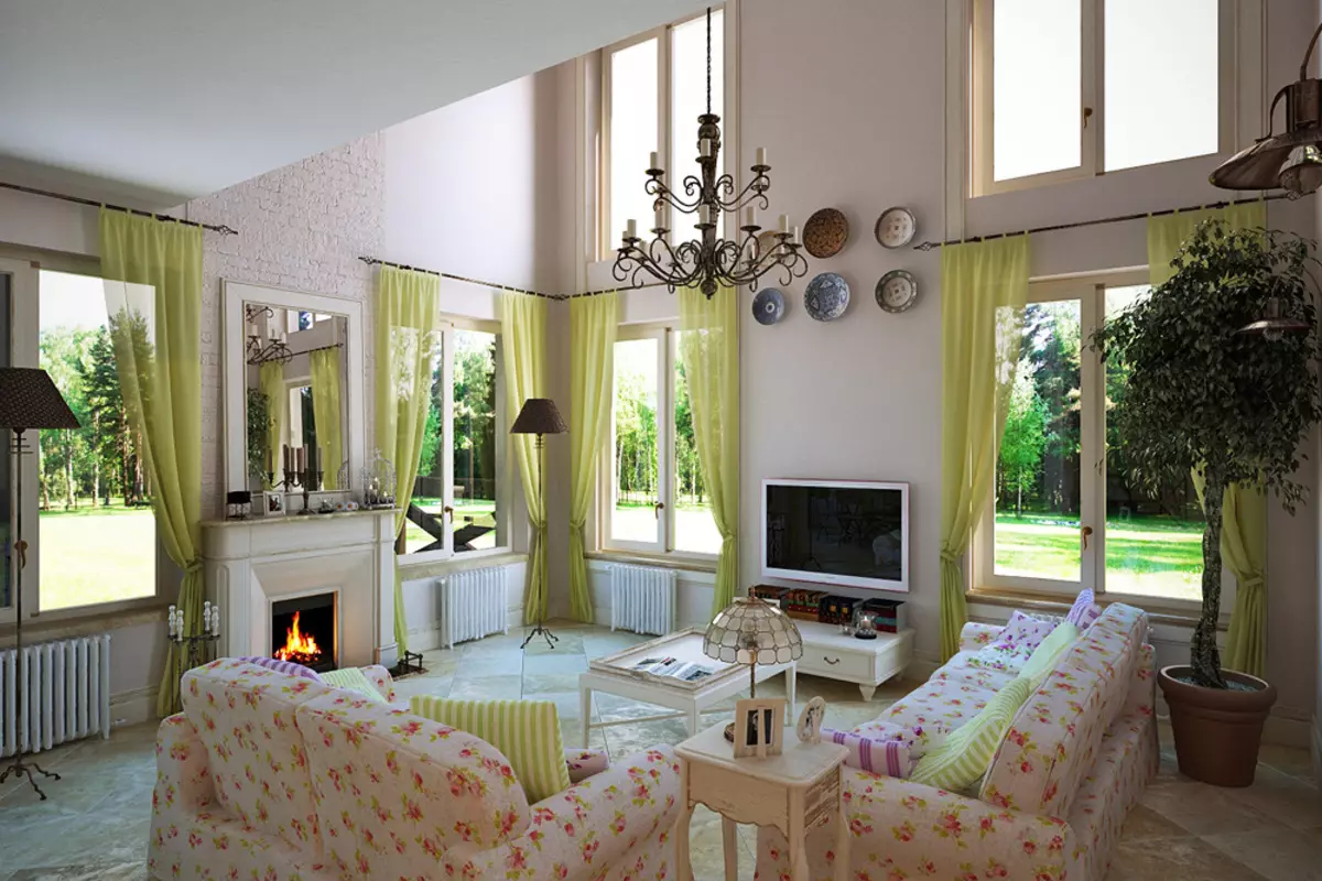 Дневна соба во Прованса (104 фотографии): Регистрација на внатрешноста на една мала и голема сала во модерен маслинови стил, дизајн на лустери и други нијанси 9631_3