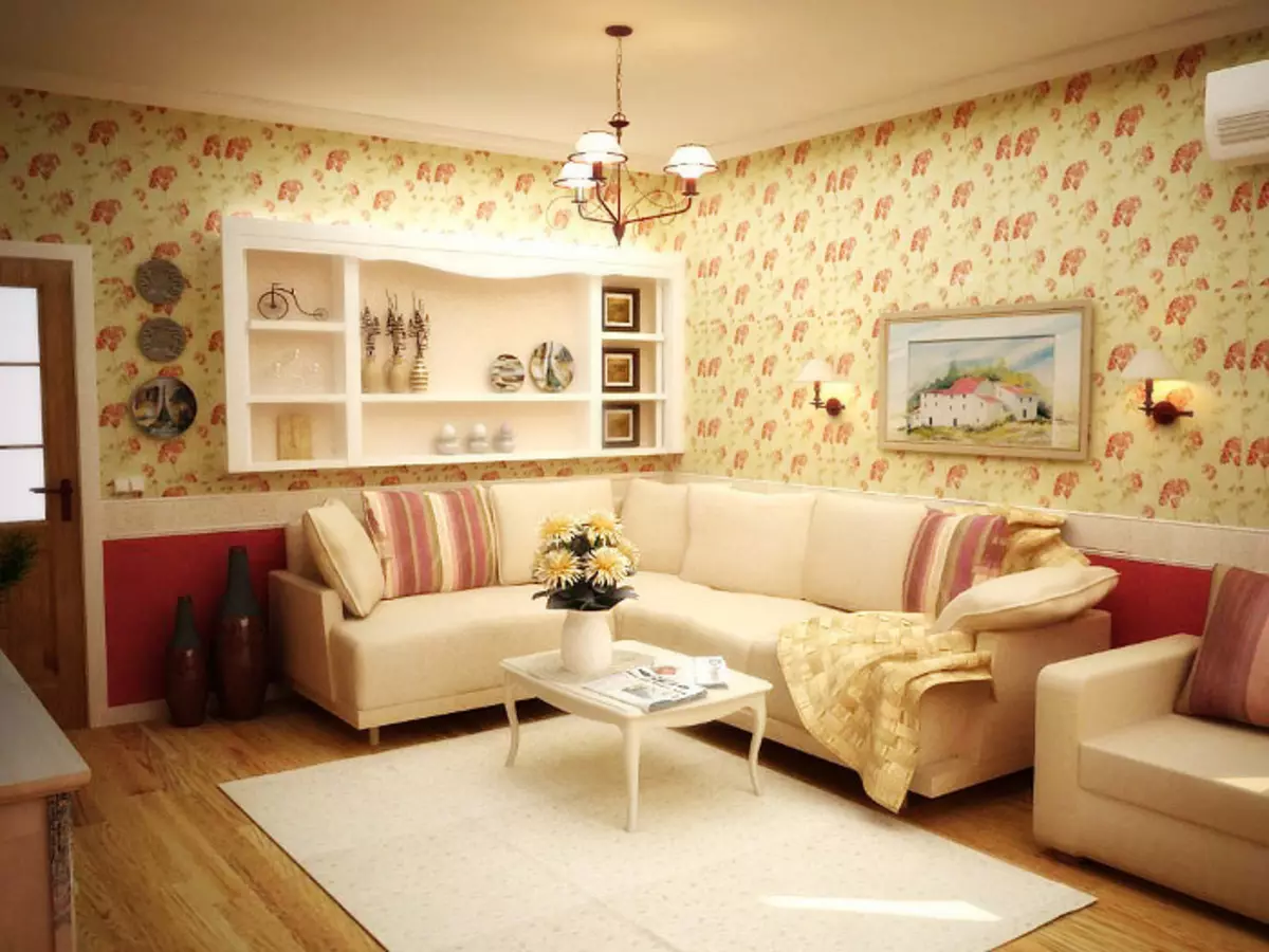 Sala de estar en Provenza (104 fotos): Registro del interior de un salón pequeño y grande en un moderno estilo de oliva, diseño de araña y otros matices 9631_30