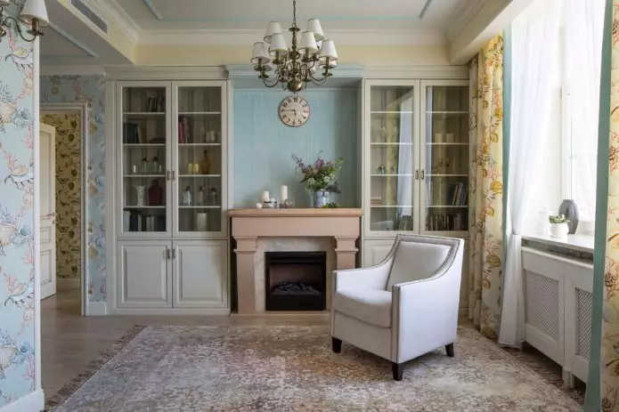 Sala de estar en Provenza (104 fotos): Registro del interior de un salón pequeño y grande en un moderno estilo de oliva, diseño de araña y otros matices 9631_71