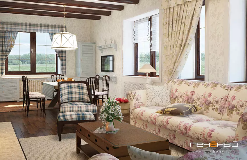 Sala de estar en Provenza (104 fotos): Registro del interior de un salón pequeño y grande en un moderno estilo de oliva, diseño de araña y otros matices 9631_87
