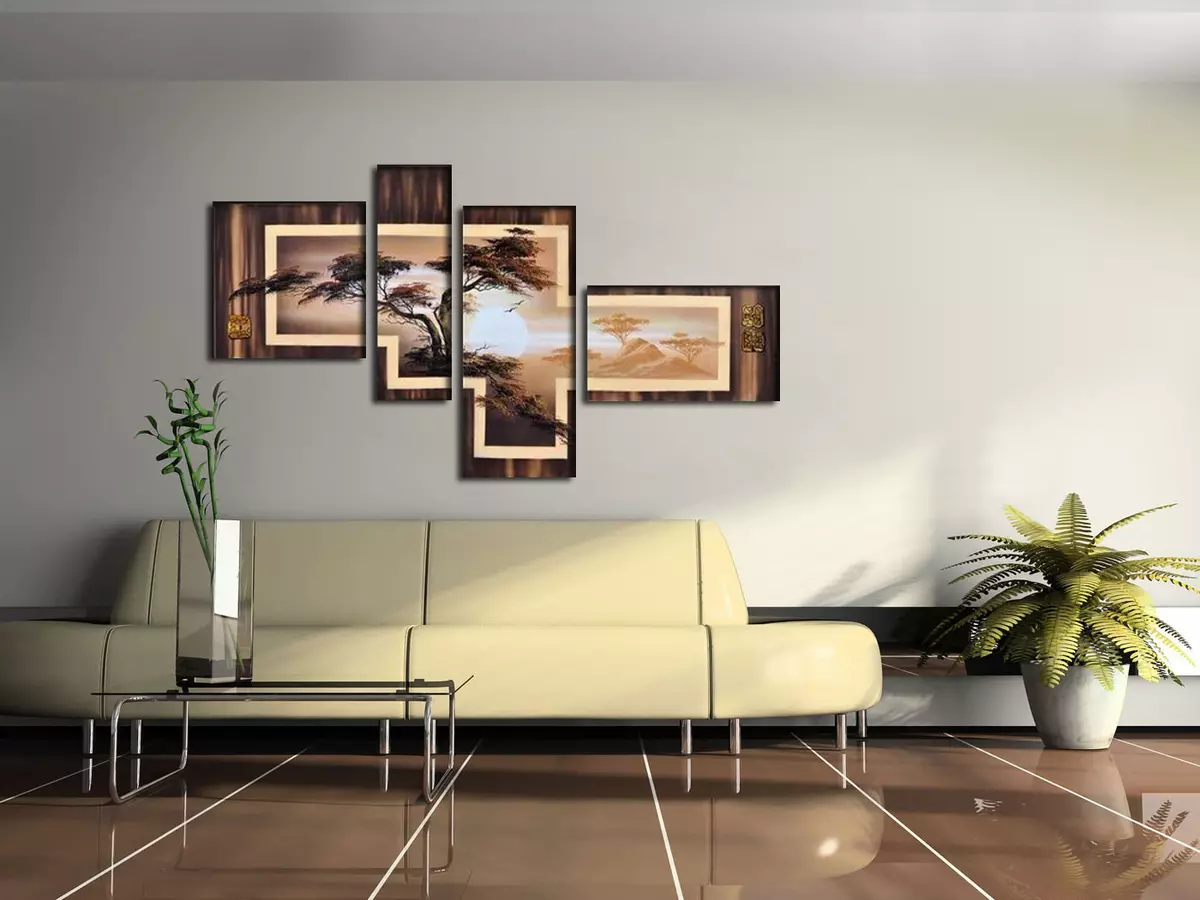 Schilderijen in de woonkamer (44 foto's): Selecteer de modulaire en andere soorten foto's in een moderne stijl voor het interieur van de hal in het appartement 9633_3
