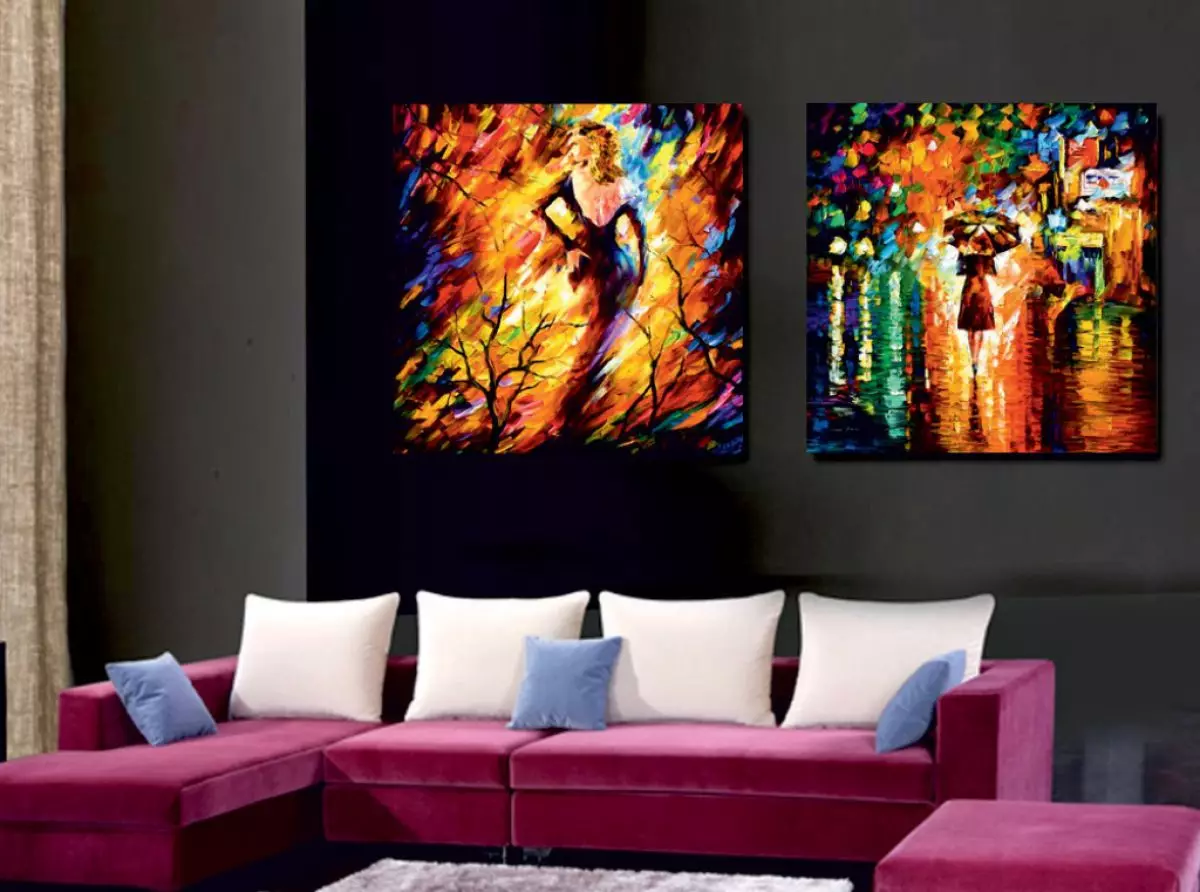 Målningar i vardagsrummet (44 foton): Välj de modulära och andra typer av bilder i en modern stil för den inre av hallen i lägenheten 9633_8