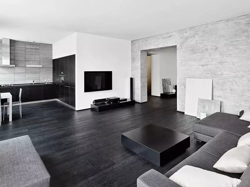 在起居室裡的層壓板（31張照片）：選擇大廳：瓷磚或層壓板更好的是什麼？公寓的地板裝飾起居室是灰色，淺色和黑暗層壓板 9634_25