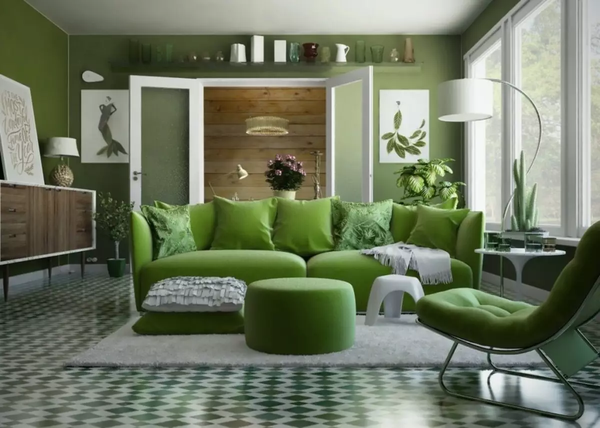 ห้องสีเขียวที่อยู่อาศัย (65 ภาพ): คุณสมบัติการออกแบบตกแต่งภายในในโทนสีเขียว สีอะไรรวมสีเขียว? การลงทะเบียนของผนังของห้องโถง 9639_10