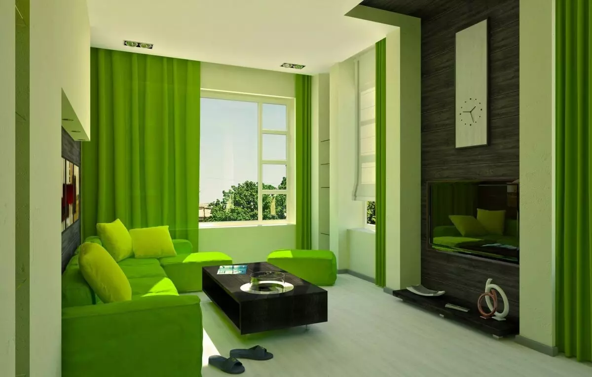 Zelena dnevna soba (65 fotografija): Karakteristike dizajna enterijera u zelenim tonovima. Koje je boje kombinira zeleni? Registracija zidova dvorane 9639_11