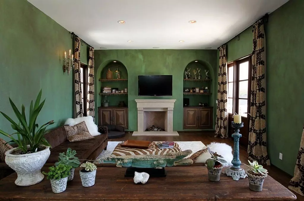 Կանաչ հյուրասենյակ (65 լուսանկար). Ներքին ձեւավորման առանձնահատկություններ կանաչ երանգներով: Ինչ գույնը համատեղում է կանաչը: Դահլիճի պատերի գրանցում 9639_12