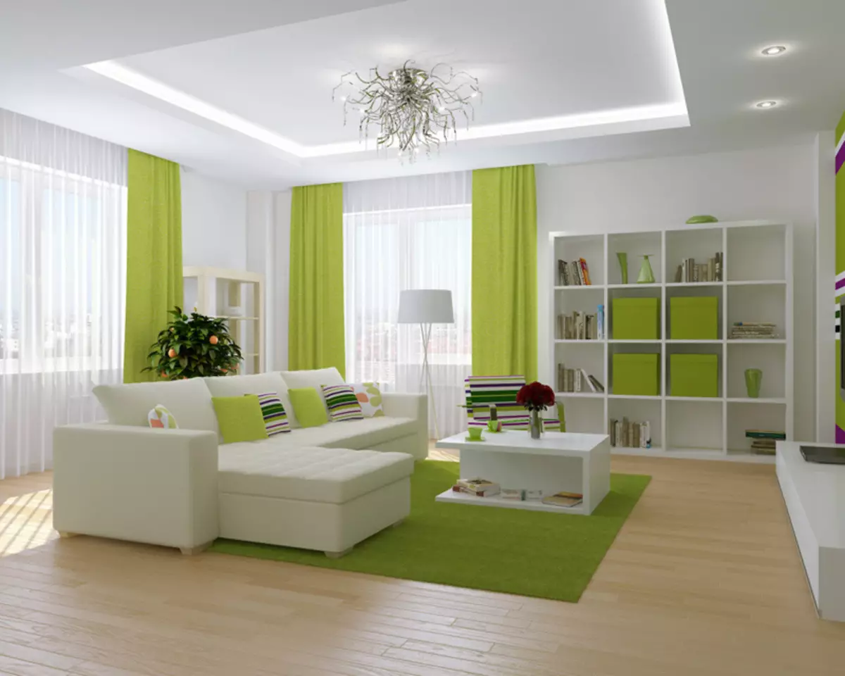 Groene woonkamer (65 foto's): interieur-ontwerpfuncties in groene tonen. Welke kleur combineert groen? Registratie van de muren van de hal 9639_16