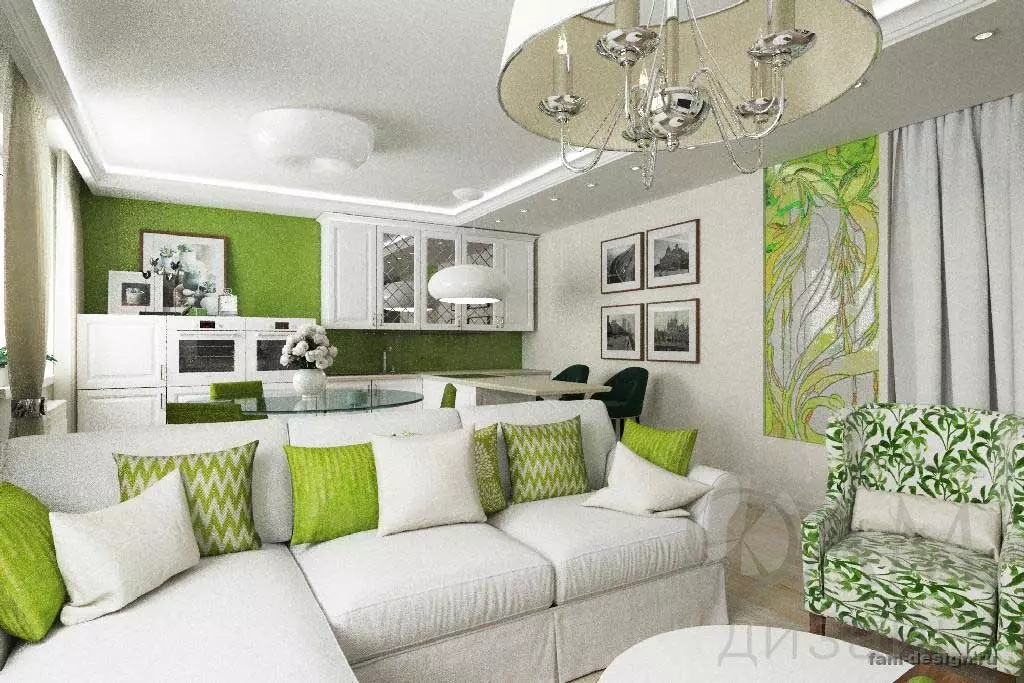 Зелена дневна соба (65 фотографии): функции за внатрешен дизајн во зелени тонови. Која боја комбинира зелена? Регистрација на ѕидовите на салата 9639_17