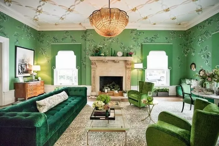Zelena dnevna soba (65 fotografij): Interior Design Funkcije v zelenih tonih. Katera barva združuje zeleno? Registracija zidov dvorane 9639_2