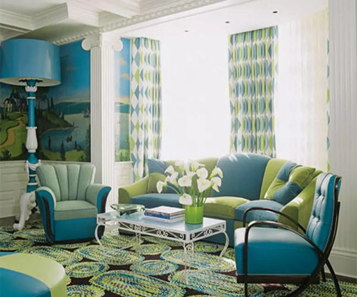 Zelená obývacia izba (65 fotografií): Vnútorné dizajnové funkcie v zelených tónoch. Akú farbu kombinuje zelenú? Registrácia stien haly 9639_23