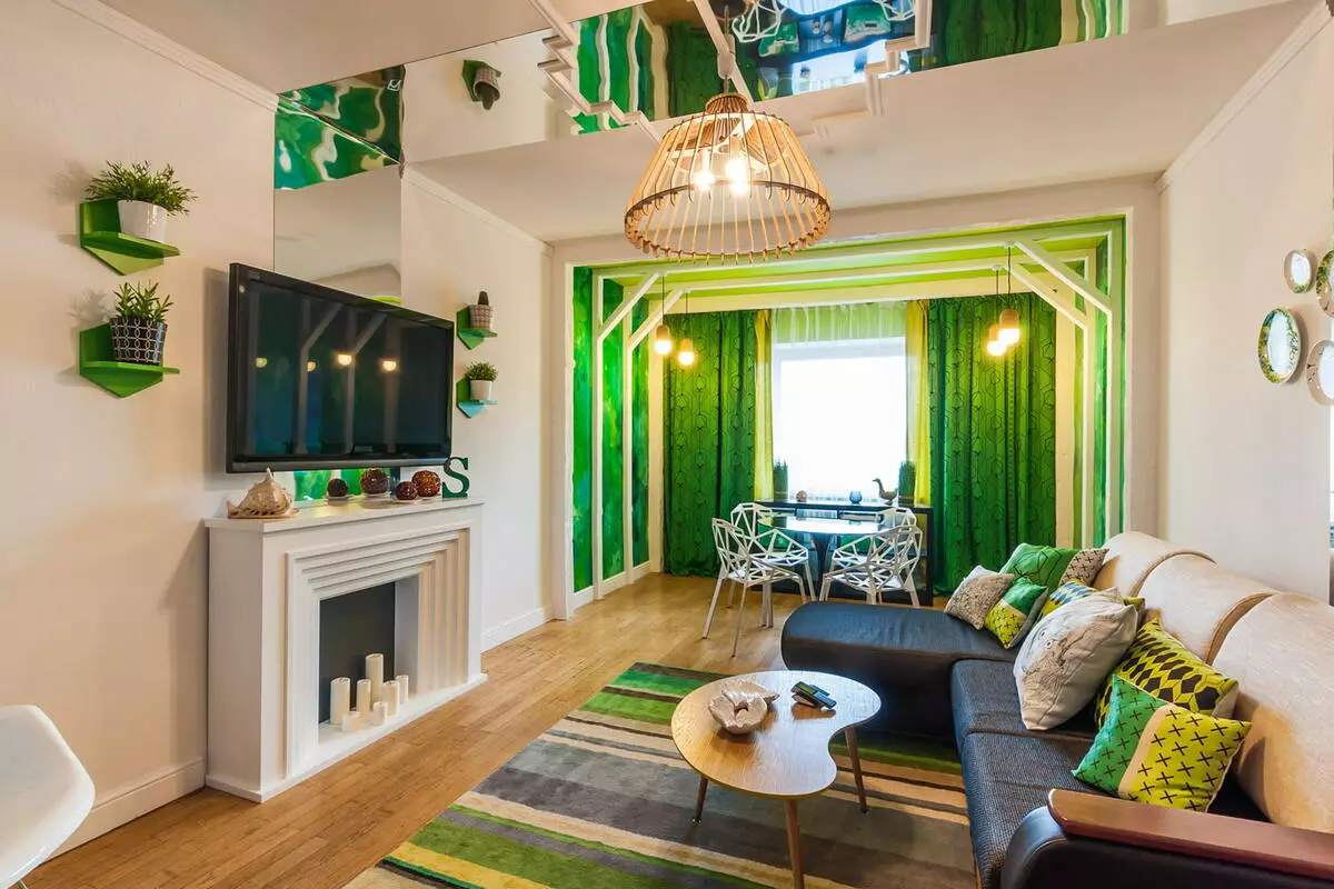 ห้องสีเขียวที่อยู่อาศัย (65 ภาพ): คุณสมบัติการออกแบบตกแต่งภายในในโทนสีเขียว สีอะไรรวมสีเขียว? การลงทะเบียนของผนังของห้องโถง 9639_3