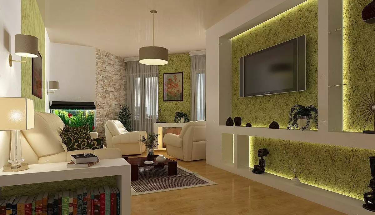 Zelená obývacia izba (65 fotografií): Vnútorné dizajnové funkcie v zelených tónoch. Akú farbu kombinuje zelenú? Registrácia stien haly 9639_31