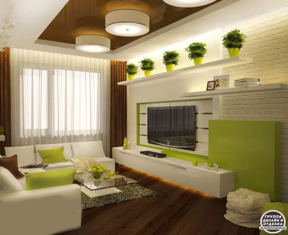 Vihreä olohuone (65 kuvaa): sisustussuunnitteluominaisuudet vihreissä sävyissä. Mikä väri yhdistyy vihreäksi? Hallin seinämien rekisteröinti 9639_35