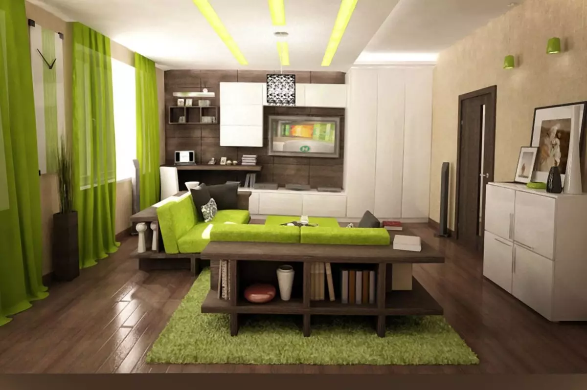Zelená obývacia izba (65 fotografií): Vnútorné dizajnové funkcie v zelených tónoch. Akú farbu kombinuje zelenú? Registrácia stien haly 9639_37