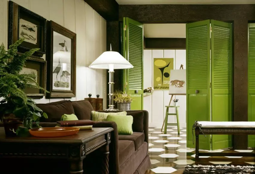 녹색 거실 (65 장의 사진) : 녹색 톤의 인테리어 디자인 기능. 어떤 색상이 녹색을 결합합니까? 홀의 벽 등록 9639_38