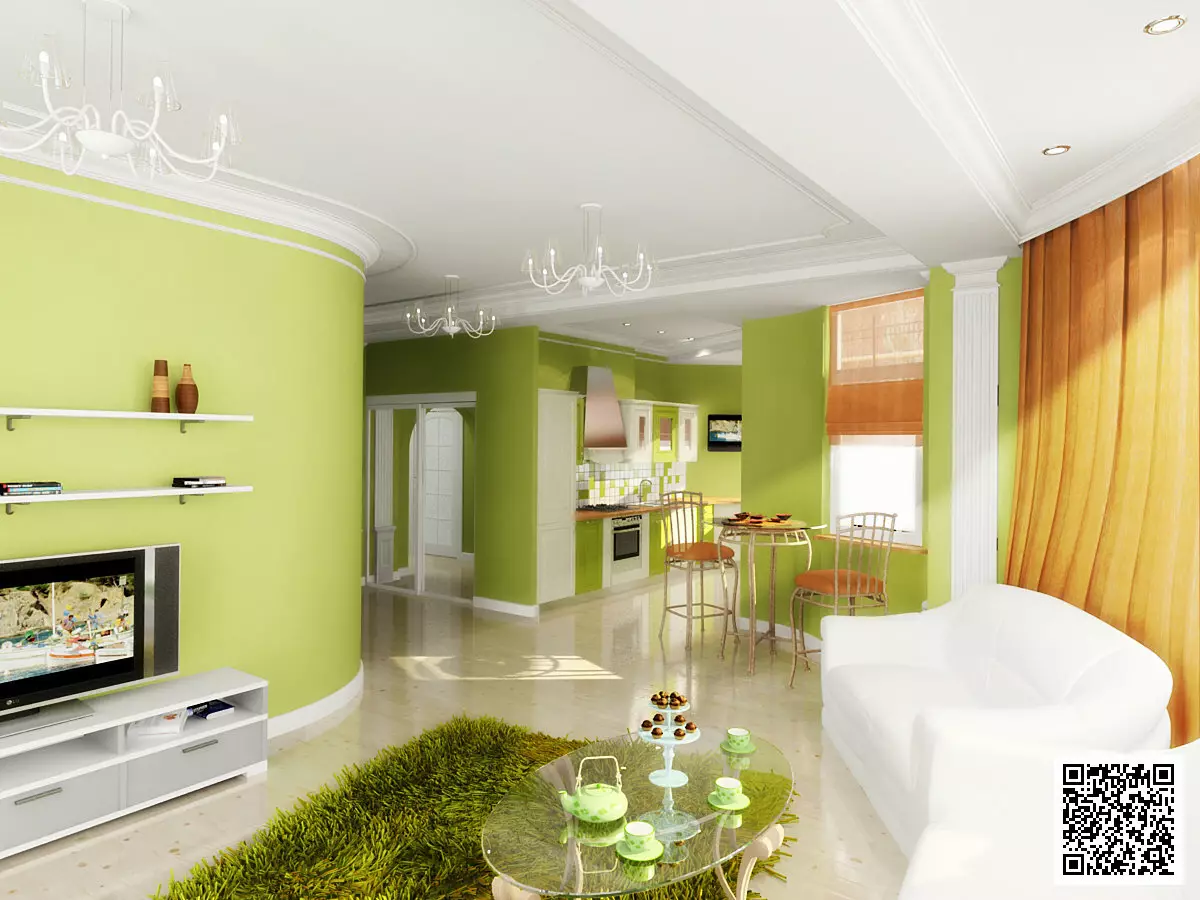 Green woonkamer (65 foto's): interieur ontwerp funksies in groen skakerings. Watter kleur kombineer groen? Registrasie van die mure van die saal 9639_4