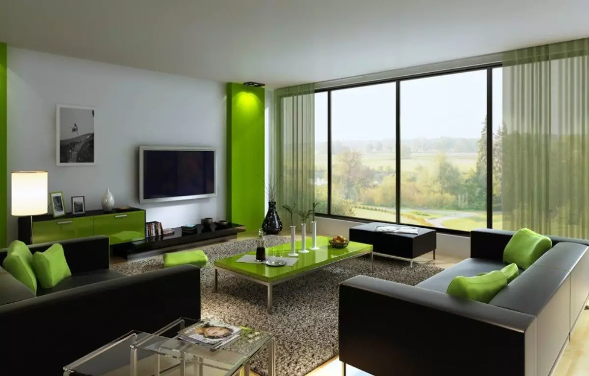 Zelena dnevna soba (65 fotografija): Karakteristike dizajna enterijera u zelenim tonovima. Koje je boje kombinira zeleni? Registracija zidova dvorane 9639_5