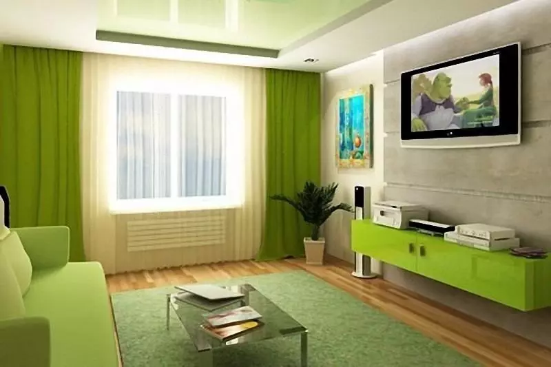 Green woonkamer (65 foto's): interieur ontwerp funksies in groen skakerings. Watter kleur kombineer groen? Registrasie van die mure van die saal 9639_8