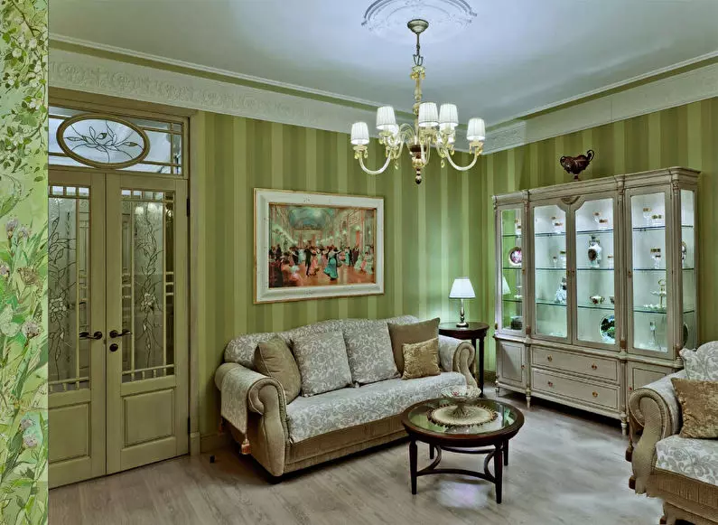 الغرفة الخضراء المعيشة (65 صور): ميزات التصميم الداخلي في نغمات الخضراء. ما لون يجمع بين الأخضر؟ تسجيل جدران القاعة 9639_9