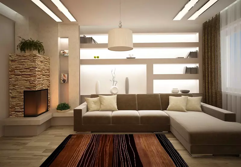 Ndriçimi në dhomën e ndenjes (78 foto): llambat, llambat dhe gjarpërimet në brendësi të sallës. Mundësitë e ndriçimit mbi divan dhe dizajn me dritë të dytë 9641_7