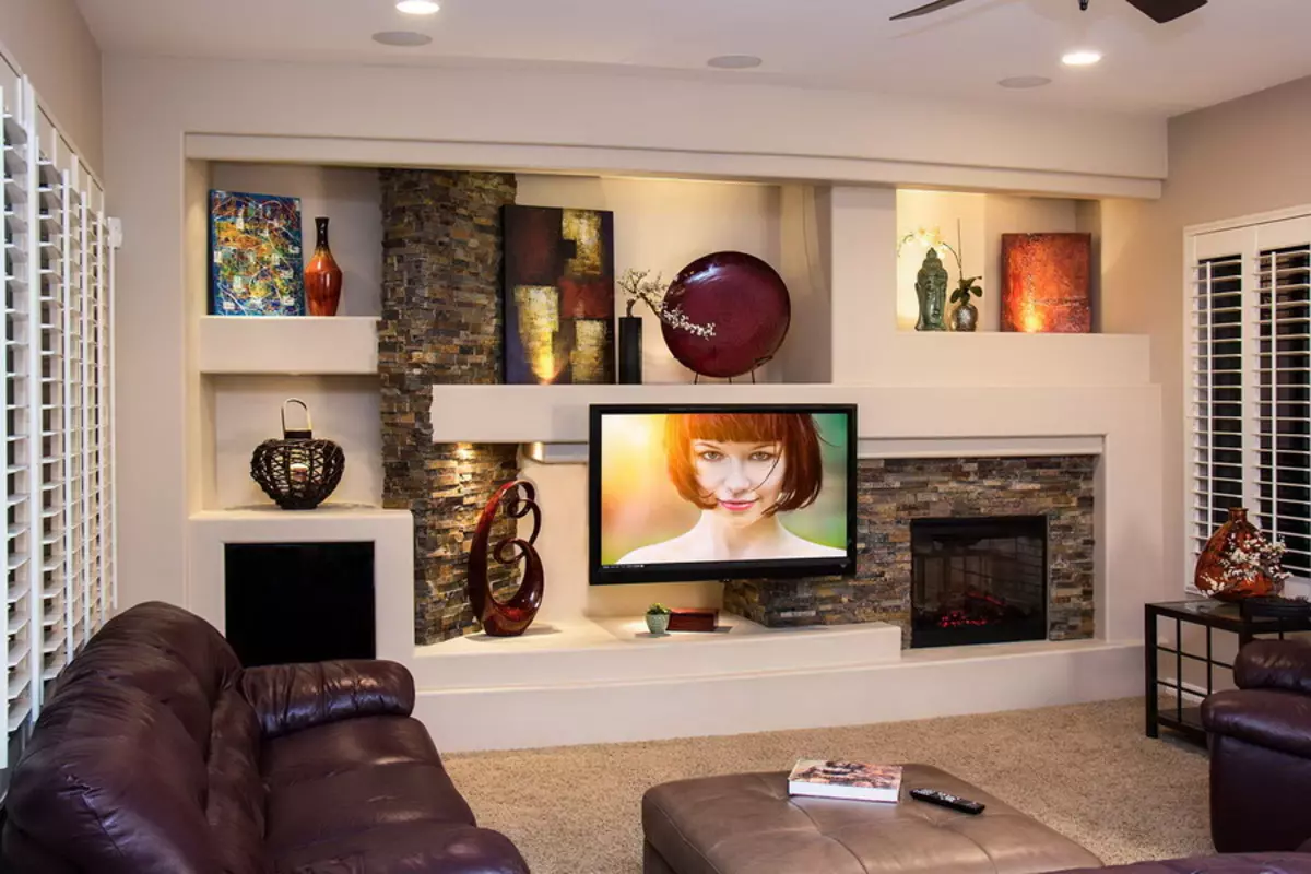 Wall Decor v obývacím pokoji (66 fotek): Nejlepší dekorace pro dekorativní dekorativní akcent stěny v hale. Co je lepší ozdobit prázdnou zeď? Jak ozdobit velkou zeď? 9642_51