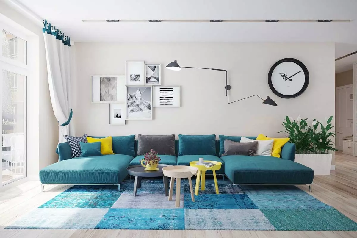 Sala de estar turquesa (57 fotos): diseño interior de color turquesa. Hall en tonos turquesa-marrones y otras combinaciones en el interior. 9644_15