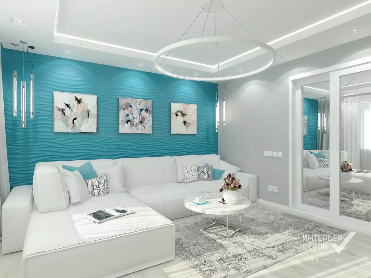 Sala de estar turquesa (57 fotos): diseño interior de color turquesa. Hall en tonos turquesa-marrones y otras combinaciones en el interior. 9644_17