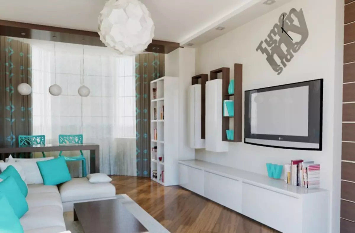 Tyrkysový obývací pokoj (57 fotek): tyrkysová barva interiéru. Hala v tyrkysově hnědých tónech a dalších kombinacích v interiéru 9644_18