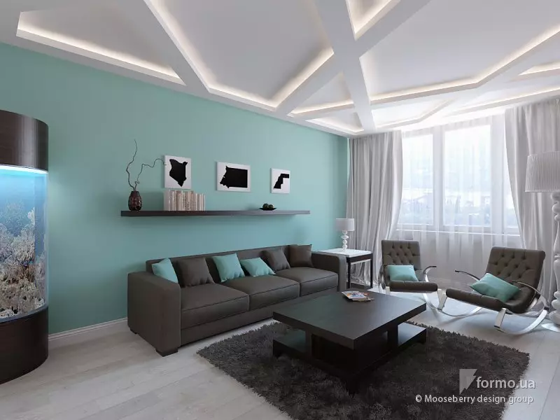 Turquoise living room (57 mga larawan): Turquoise color interior design. Bulwagan sa turkesa-kayumanggi tono at iba pang mga kumbinasyon sa loob 9644_20
