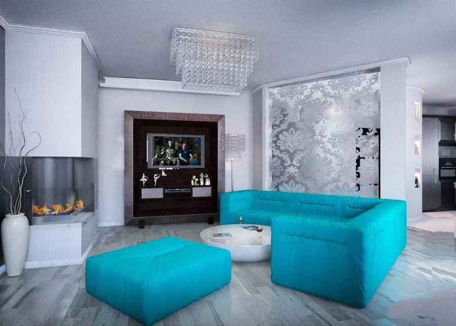 Turquoise dzīvojamā istaba (57 fotogrāfijas): tirkīza krāsu interjera dizains. Zāle Turquoise-brūnu toņi un citas kombinācijas interjerā 9644_24