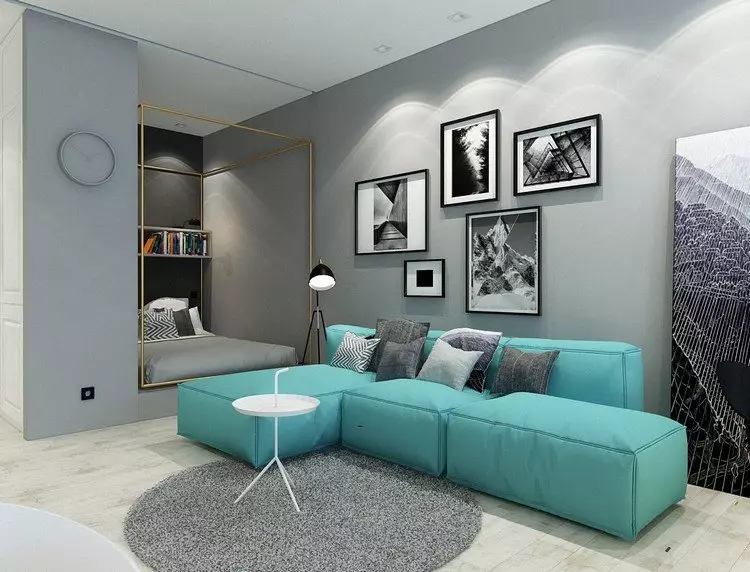 Turquoise living room (57 mga larawan): Turquoise color interior design. Bulwagan sa turkesa-kayumanggi tono at iba pang mga kumbinasyon sa loob 9644_26