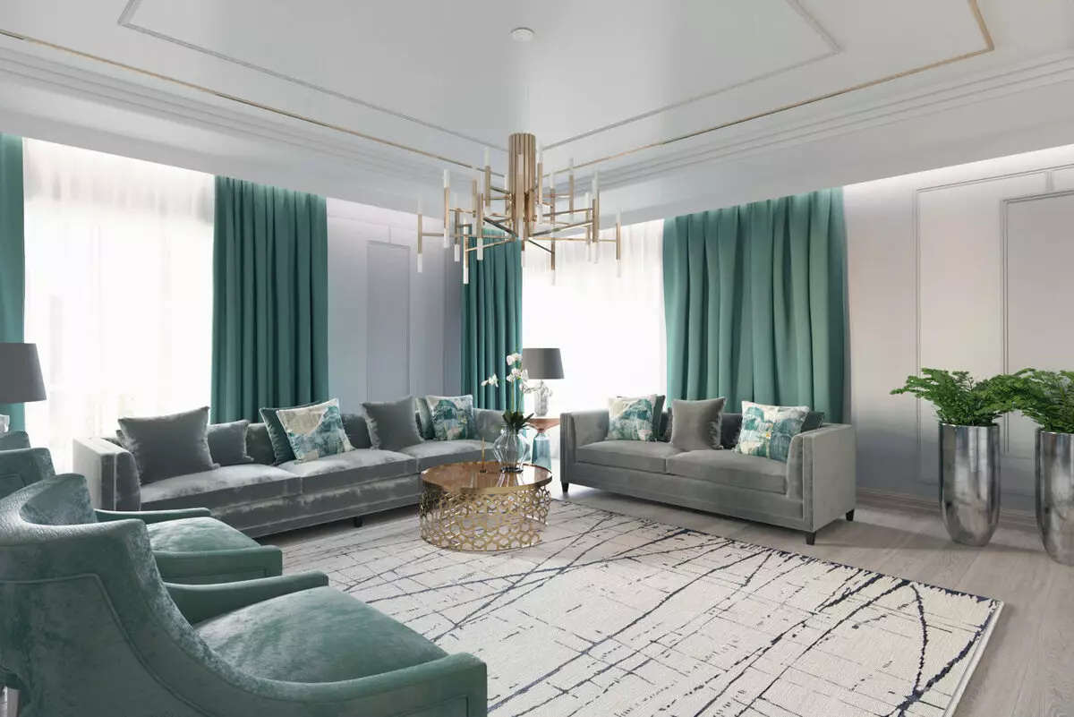 Tyrkysová obývacia izba (57 fotografií): Turquoise farebný interiérový dizajn. Haly v tyrkysohnedých tónoch a iných kombináciách v interiéri 9644_27