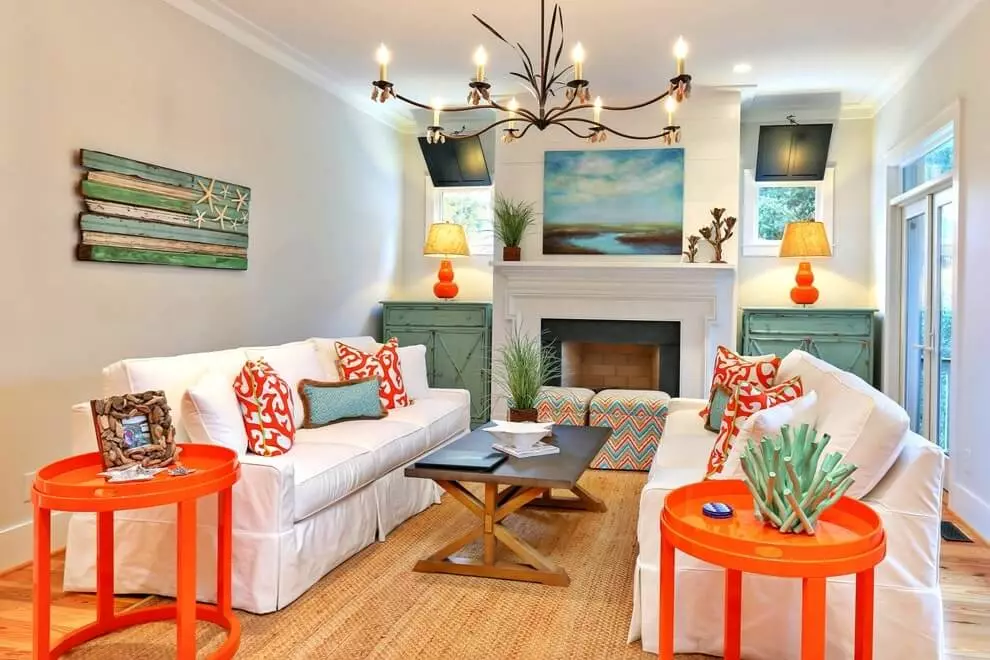 Tyrkysová obývacia izba (57 fotografií): Turquoise farebný interiérový dizajn. Haly v tyrkysohnedých tónoch a iných kombináciách v interiéri 9644_29