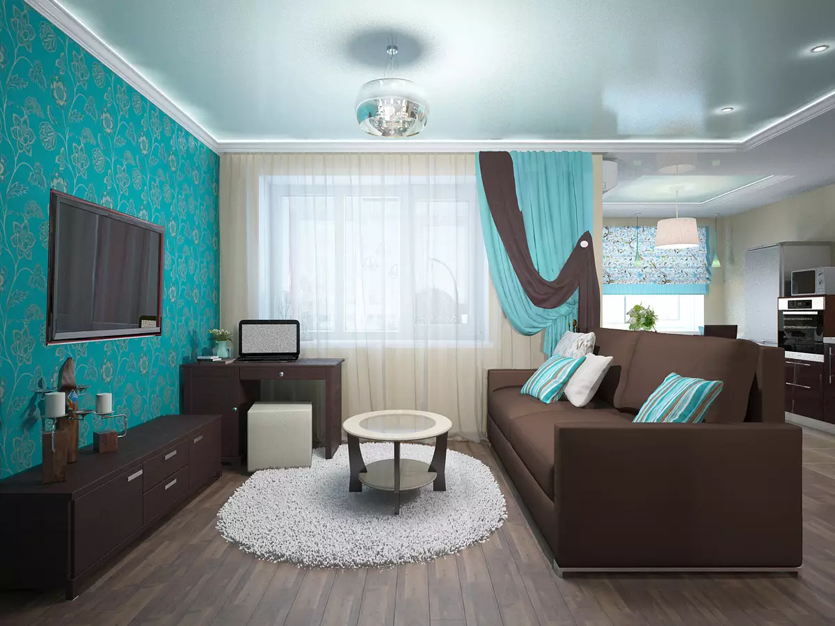 Tyrkysový obývací pokoj (57 fotek): tyrkysová barva interiéru. Hala v tyrkysově hnědých tónech a dalších kombinacích v interiéru 9644_3