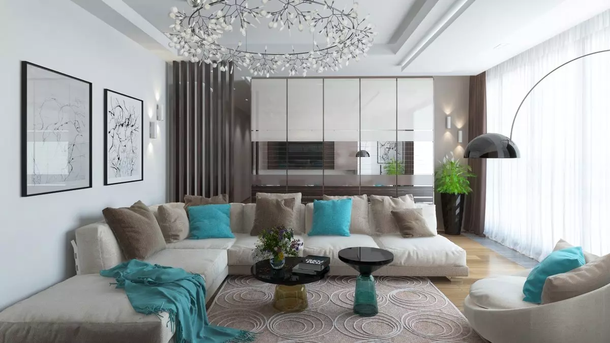 Tyrkysová obývacia izba (57 fotografií): Turquoise farebný interiérový dizajn. Haly v tyrkysohnedých tónoch a iných kombináciách v interiéri 9644_38