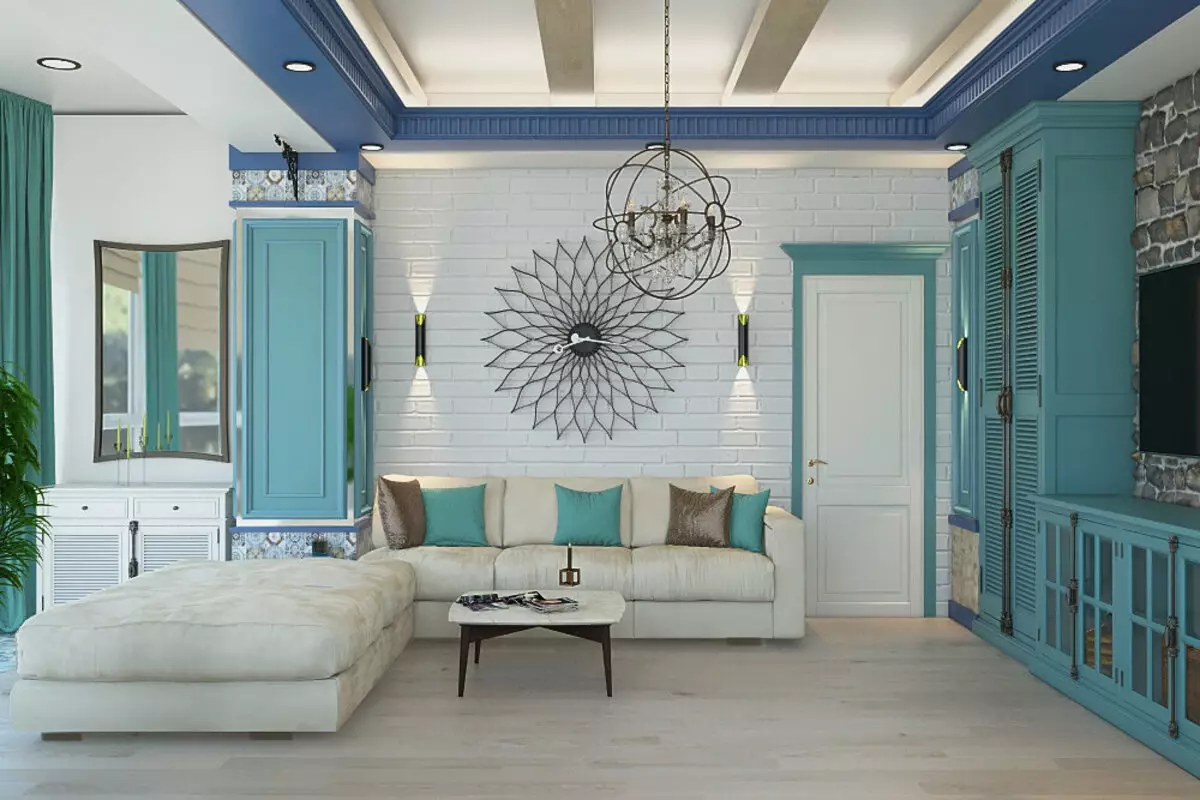 Tyrkysový obývací pokoj (57 fotek): tyrkysová barva interiéru. Hala v tyrkysově hnědých tónech a dalších kombinacích v interiéru 9644_40