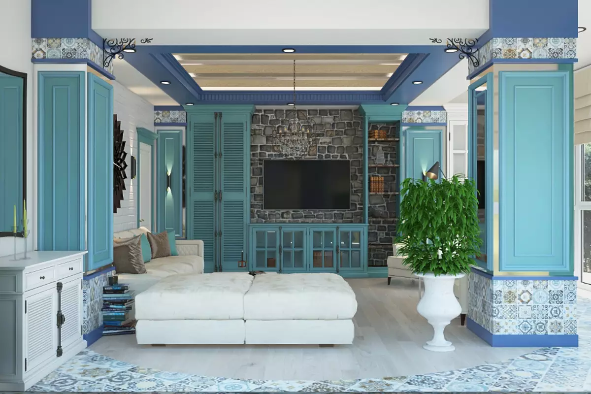 Tyrkysový obývací pokoj (57 fotek): tyrkysová barva interiéru. Hala v tyrkysově hnědých tónech a dalších kombinacích v interiéru 9644_41