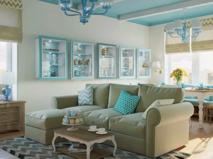 Sala de estar turquesa (57 fotos): diseño interior de color turquesa. Hall en tonos turquesa-marrones y otras combinaciones en el interior. 9644_49
