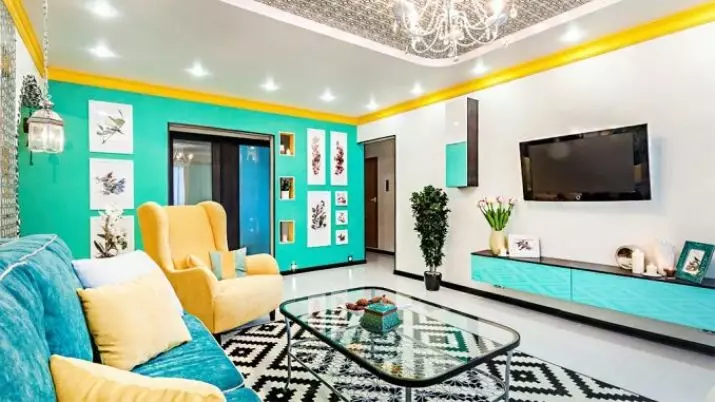 Tyrkysová obývacia izba (57 fotografií): Turquoise farebný interiérový dizajn. Haly v tyrkysohnedých tónoch a iných kombináciách v interiéri 9644_52