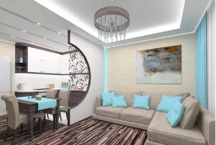 Turquoise living room (57 mga larawan): Turquoise color interior design. Bulwagan sa turkesa-kayumanggi tono at iba pang mga kumbinasyon sa loob 9644_54