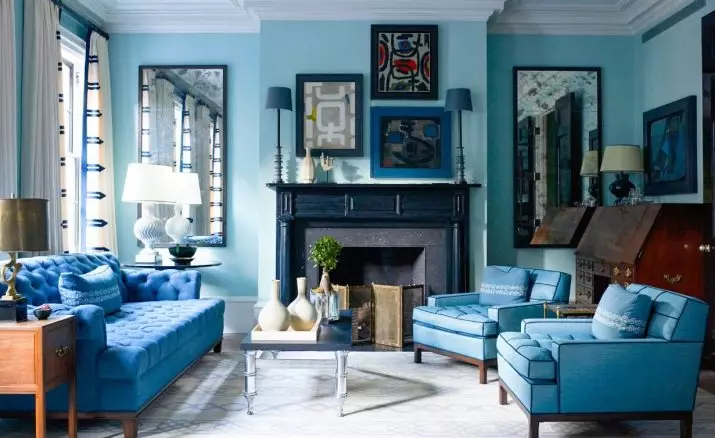 Tyrkysová obývacia izba (57 fotografií): Turquoise farebný interiérový dizajn. Haly v tyrkysohnedých tónoch a iných kombináciách v interiéri 9644_8